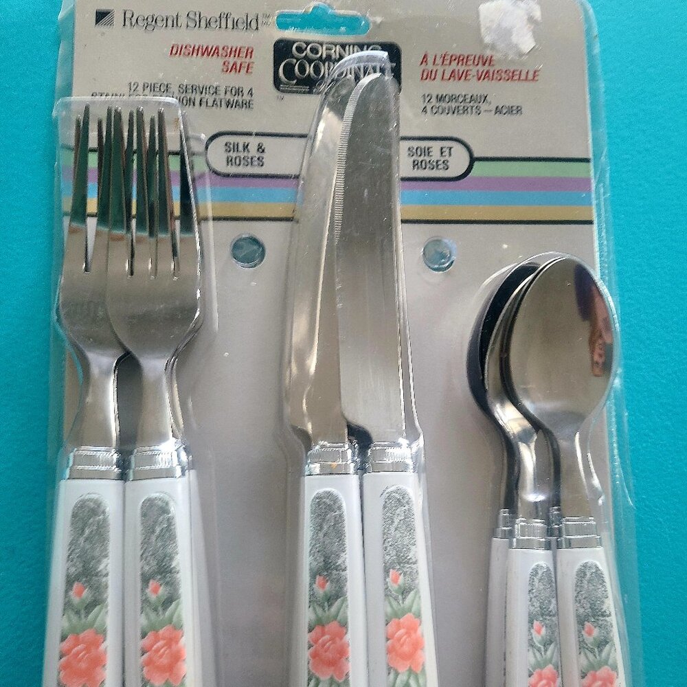 NEW in pkg vin Corelle SILK & ROSES Stainless Steel FLATWARE by Regent Sheffield